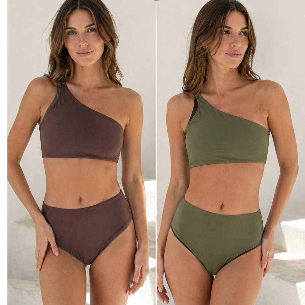Baiia NWT Reversible One Shoulder Bikini Set Chocolate Olive Green- Size 10